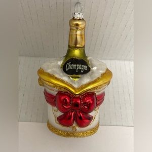 Christmas Ornament Hand Blown Painted 5” Glass Champagne Wine Bottle Ice Bucket